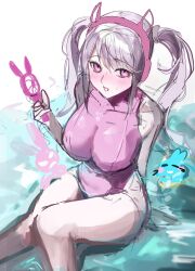 Rule 34 | 1girl, :d, absurdres, alice (nikke), animal ear headphones, animal ears, ayuyaki, blush, breasts, fake animal ears, from above, goddess of victory: nikke, grey hair, headphones, highres, holding, large breasts, long hair, looking at viewer, one-piece swimsuit, open mouth, pink eyes, pink headphones, pink one-piece swimsuit, sidelocks, sitting, sketch, smile, solo, swimsuit, twintails, water