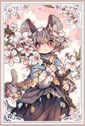Rule 34 | 1girl, animal, animal ears, basket, blue capelet, border, branch, bright pupils, capelet, cherry blossoms, closed mouth, commentary request, crystal, crystal necklace, dot nose, dress, falling petals, flower, frilled capelet, frilled sleeves, frills, grey dress, grey hair, hair flower, hair ornament, hand up, highres, holding, holding basket, holding branch, holding with tail, jaggy lines, jewelry, long sleeves, mame komari, medium hair, mouse (animal), mouse ears, mouse girl, mouse tail, nazrin, ornate border, pendant, petals, pink flower, prehensile tail, red eyes, short eyebrows, signature, smile, solo, standing, tail, thick eyebrows, touhou, twitter username, white flower, white pupils
