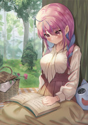 Rule 34 | 1girl, absurdres, basket, blanket, blouse, blue hair, blush, book, braid, breasts, brown skirt, closed mouth, commentary request, day, flower, forest, highres, hololive, long hair, medium breasts, minato aqua, multicolored hair, nature, neko (minato aqua), on lap, open book, outdoors, picnic basket, pleated skirt, purple eyes, purple hair, reading, red flower, shirt, sitting, skirt, smile, solo, suspender skirt, suspenders, twin braids, twintails, two-tone hair, virtual youtuber, white shirt, yoshidadon