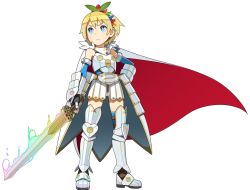 1girl armor armored_boots blonde_hair blue_eyes boots bright_pupils cape elbow_gloves female_focus full_body gloves go_robots greaves headdress holding holding_sword holding_weapon non-web_source short_hair simple_background solo standing sword thigh_boots thighhighs weapon white_background