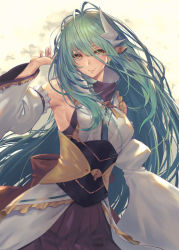 Rule 34 | 1girl, aqua hair, armpits, back bow, bare shoulders, bow, breasts, brown bow, closed mouth, commentary request, detached sleeves, dragon girl, dragon horns, fate/grand order, fate (series), hair between eyes, horns, japanese clothes, kimono, kiyohime (fate), long hair, long sleeves, medium breasts, multiple horns, oukawa yuu, sideboob, smile, solo, very long hair, white kimono, wide sleeves, yellow eyes