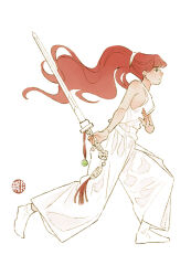 Rule 34 | 1girl, bare arms, bare shoulders, breasts, chinese commentary, closed mouth, commentary request, expressionless, fighting stance, from side, full body, green eyes, hakama, hakama pants, holding, holding sword, holding weapon, japanese clothes, juuni kokuki, long hair, looking ahead, nakajima youko, pants, ponytail, ponytail holder, red hair, shirt, shuishuiping, simple background, sleeveless, sleeveless shirt, socks, solo, sword, tassel, watermark, wavy hair, weapon, white background, white hakama, white shirt, white socks