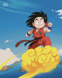 Rule 34 | 1boy, absurdres, anime coloring, black eyes, black hair, blue sky, clenched hands, cloud, commentary request, dougi, dragon ball, dragon ball (classic), flying nimbus, full body, highres, male focus, monkey tail, ruyi jingu bang, ocean, plateau, raised eyebrows, salvamakoto, signature, sky, smile, solo, son goku, spanish commentary, tail, wristband
