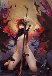 Rule 34 | 1girl, arm behind back, arm up, black scarf, blood, bloody weapon, bottomless, holding, holding weapon, kneeling, long hair, looking away, navel, original, realistic, red eyes, scarf, solo, sword, weapon, yinghao wu