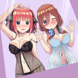 2girls ;t against_fourth_wall arm_up black_negligee black_panties black_ribbon blue_eyes blue_negligee blue_panties blush breast_press breasts brown_hair butterfly_hair_ornament cleavage closed_mouth collarbone commission enpera go-toubun_no_hanayome hair_between_eyes hair_ornament hair_ribbon headphones headphones_around_neck lace lace_panties large_breasts long_hair looking_at_viewer medium_hair multiple_girls nakano_miku nakano_nino navel open_mouth panties pink_hair pout ribbon scarf siblings sisters skeb_commission strap_slip twins two_side_up underwear vierosky