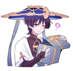Rule 34 | 1boy, ?, armor, black shirt, blue hair, blue hat, blue ribbon, blue vest, blunt ends, box, closed mouth, curious, dark blue hair, eyeshadow, genshin impact, gift, gift box, gold trim, hat, highres, holding, holding box, japanese armor, jewelry, jingasa, kote, kurkote, light frown, makeup, male focus, mandarin collar, necklace, one eye closed, oomisou, open clothes, open gift, open vest, parted bangs, purple eyes, red eyeshadow, ribbon, ring, scaramouche (genshin impact), shirt, short hair, short sleeves, solo, two-tone vest, vest, wanderer (genshin impact), white background, white vest, yellow ribbon