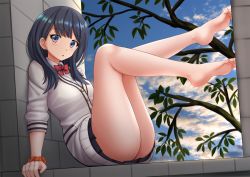 Rule 34 | 10s, 1girl, :o, against wall, arm support, ass, bare legs, barefoot, black skirt, blue eyes, blue sky, blush, bow, bowtie, cloud, collared shirt, commentary, day, english commentary, feet, from side, full body, greyscale, gridman universe, highres, jacket, kazenokaze, leaning back, legs up, long hair, looking to the side, microskirt, monochrome, no panties, parted lips, pleated skirt, red bow, red bowtie, scrunchie, shirt, sitting, skirt, sky, sleeves past elbows, solo, ssss.gridman, takarada rikka, thighs, toes, tree, white jacket, white shirt, window, wrist scrunchie