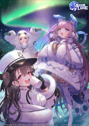Rule 34 | 3girls, :d, animal ears, animal print, arms up, aurora, azur lane, bear paws, bear print, black gloves, black hair, blonde hair, blue eyes, blunt bangs, blush, breasts, brown sweater, button eyes, buttons, coat, coat dress, commentary request, cup, fake animal ears, fang, full body, fur-trimmed coat, fur-trimmed sleeves, fur trim, gloves, grozny (azur lane), hair between eyes, hair ornament, hair ribbon, hat, highres, holding, holding cup, kt. (kaisou-notagui), large breasts, logo, long hair, long sleeves, looking at viewer, looking up, multiple girls, night, night sky, official art, open mouth, outdoors, padded coat, pamiat merkuria (azur lane), pom pom (clothes), purple eyes, purple hair, ribbon, russian clothes, shirt, short hair, sidelocks, skin fang, sky, smile, standing, sweater, tashkent (azur lane), thighhighs, very long hair, very long sleeves, watermark, white coat, white headwear, white legwear, winter clothes