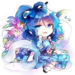 Rule 34 | 1girl, :d, blue dress, blue eyes, blue hair, bright pupils, chibi, dated, dress, drill hair, drill sidelocks, floral print, flower, flower request, full body, hagoromo, hair between eyes, hair ornament, hair rings, hair stick, kaku seiga, kutsuki kai, leaf, looking at viewer, medium hair, ofuda, open clothes, open mouth, open vest, pink flower, puffy short sleeves, puffy sleeves, purple flower, ringlets, see-through, shawl, short sleeves, sidelocks, simple background, sitting, smile, socks, solo, touhou, twin drills, vest, white background, white socks, white vest, yokozuwari