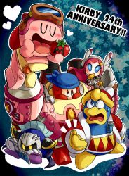 Rule 34 | bandana, bandana waddle dee, blue eyes, cape, closed eyes, covering own mouth, eating, goggles, hand over own mouth, heart, jizo yukari, king dedede, kirby, kirby: planet robobot, kirby (series), maxim tomato, meta knight, nintendo, open mouth, rayman limbs, reading, robe, robobot armor, star (symbol), susie (kirby), sweatdrop, wide-eyed, wrench