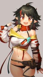 Rule 34 | 1girl, :d, bikini bottom only, black hair, bow, bright pupils, brown hair, crop top, female focus, grey background, hair bow, highres, mitake eil, multicolored hair, navel, open mouth, original, pointy ears, pouch, red hair, signature, simple background, smile, solo, strapless, thigh gap, white pupils, yellow bow