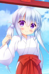 Rule 34 | 1girl, blue sky, blush, breasts, closed mouth, cloud, cloudy sky, commentary request, day, food-themed hair ornament, hair between eyes, hair bobbles, hair ornament, hairclip, hakama, hakama skirt, hand up, highres, japanese clothes, kimono, long hair, long sleeves, low twintails, macaron hair ornament, miko, original, outdoors, purple eyes, red hakama, short kimono, sidelocks, silver hair, skirt, sky, small breasts, smile, solo, twintails, very long hair, white kimono, wide sleeves, yukatama