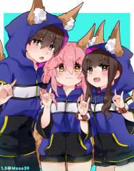 Rule 34 | 1boy, 2girls, :3, :d, :o, animal ear fluff, animal ears, artist name, blue background, blue hoodie, blush, brown eyes, brown hair, closed mouth, commentary request, cowboy shot, double fox shadow puppet, fang, fate/extra, fate/extra ccc, fate (series), fox ears, fox girl, fox shadow puppet, fox tail, hair between eyes, hood, hood up, hoodie, kishinami hakuno (female), kishinami hakuno (male), long hair, long sleeves, looking at another, looking at viewer, multiple girls, open mouth, osakana (rrg0123), pink hair, sidelocks, skin fang, smile, standing, tail, tamamo (fate), tamamo no mae (fate/extra), teeth, twitter username, wristband, yellow eyes