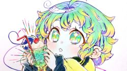 Rule 34 | 1girl, absurdres, ahoge, blouse, blush, cherry, colored pencil (medium), cup, dot nose, drinking glass, drinking straw, emphasis lines, eyebrows hidden by hair, fingernails, food, frilled shirt collar, frilled sleeves, frills, fruit, green eyes, green hair, heart, heart of string, highres, holding, holding cup, ice, ice cream, ice cube, karyuu (raoz), komeiji koishi, long sleeves, looking at food, no headwear, open mouth, portrait, shirt, short hair, simple background, solo, sparkling eyes, third eye, touhou, traditional media, white background, yellow shirt