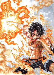 Rule 34 | 1boy, absurdres, battle, black hair, blood, elbow pads, fire, highres, jewelry, male focus, necklace, one piece, portgas d. ace, topless male, short hair, smile, smoke, solo, takumi (marlboro), tattoo, wiping mouth
