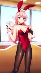 Rule 34 | 1girl, :q, animal ears, black choker, black pantyhose, blush, bow, bow hairband, breasts, choker, cleavage, closed mouth, collarbone, covered navel, doukyuusei another world, fake animal ears, fake tail, floating hair, game cg, hair bow, hairband, holding, holding pen, indoors, kishimoto sae, leotard, long hair, looking at viewer, medium breasts, mole, mole under eye, official art, pantyhose, pen, pink hair, playboy bunny, rabbit ears, rabbit tail, red eyes, red hairband, red leotard, shiny clothes, shiny legwear, sideboob, smile, solo, standing, strapless, strapless leotard, swept bangs, tail, tongue, tongue out, very long hair, wrist cuffs, yellow bow