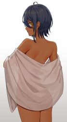 Rule 34 | 1girl, absurdres, agamemega, back turned, blush, breasts, commentary, completely nude, cowboy shot, dark-skinned female, dark skin, english commentary, gradient background, highres, light smile, looking at viewer, looking back, naked towel, nude, original, simple background, smile, towel, yellow eyes