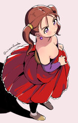Rule 34 | 1girl, absurdres, bare shoulders, blush, breasts, brown eyes, brown hair, cleavage, closed mouth, commentary, downblouse, dragon quest, dragon quest viii, dress, earrings, full body, highres, jessica albert, jewelry, large breasts, long hair, looking at viewer, miyama (kannsannn), purple shirt, shirt, simple background, solo, twintails