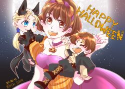 Rule 34 | 1girl, 2boys, blonde hair, blue eyes, breasts, brown eyes, brown hair, chibi, circlet, cleavage, closed eyes, closed mouth, dated, dress, gensou suikoden, gensou suikoden ii, hairband, hanaba komao, happy halloween, jowy atreides-blight, looking at viewer, medium breasts, multiple boys, nanami (suikoden), open mouth, riou (suikoden), short hair, smile, star (sky)