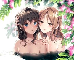 Rule 34 | 2girls, ahoge, bathing, black hair, blue eyes, blush, breasts, brown eyes, brown hair, collarbone, commentary request, copyright request, dark-skinned female, dark skin, flower, hair between eyes, hand on another&#039;s head, hand on another&#039;s shoulder, her shim cheong, korean commentary, long hair, multiple girls, nardack, nude, parted bangs, parted lips, partially submerged, pink flower, plant, scar, scar on face, seductive smile, small breasts, smile, upper body, water, water drop, wet, wet hair, yuri
