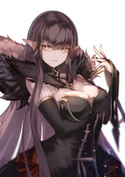 Rule 34 | 1girl, absurdres, bare shoulders, black dress, blush, breasts, bridal gauntlets, brown hair, cleavage, dress, fate/apocrypha, fate (series), fur trim, gold trim, grin, highres, large breasts, long hair, looking at viewer, pointy ears, semiramis (fate), sidelocks, slit pupils, smile, solo, spikes, ura illust, very long hair, yellow eyes