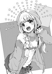Rule 34 | 1girl, :d, blush, clothes writing, commentary request, fang, flower, fujita kotone, gakuen idolmaster, greyscale, hand up, highres, idolmaster, jacket, long sleeves, looking at viewer, monochrome, open clothes, open jacket, open mouth, pleated skirt, puffy long sleeves, puffy sleeves, shirt, skirt, sleeves past wrists, smile, solo, takara akihito