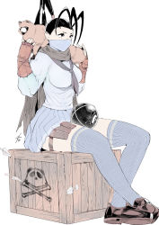 Rule 34 | 1girl, absurdres, animal, animal on shoulder, antenna hair, black hair, box, breasts, commentary, crossed legs, don (street fighter), fingerless gloves, full body, gloves, high ponytail, highres, hiroshi mono, ibuki (street fighter), kunai, loafers, long hair, mask, medium breasts, necktie, ninja, on box, ponytail, scarf, school uniform, shoes, sitting, sitting on box, street fighter, street fighter v, thigh strap, thighhighs, weapon