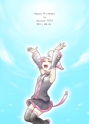 Rule 34 | 1girl, ^ ^, ahoge, arms up, black footwear, black shirt, black skirt, black sleeves, blue sky, boots, closed eyes, cloud, commentary request, dated, detached sleeves, drill hair, floating hair, foot out of frame, happy birthday, kasane teto, miniskirt, naoto n, open mouth, outline, pink hair, pleated skirt, shirt, short hair, skirt, sky, smile, solo, thigh boots, utau, white outline