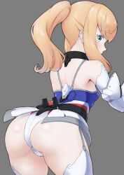 Rule 34 | 1girl, alice gear aegis, ass, bare shoulders, blonde hair, blush, breasts, closed mouth, companion/af, detached sleeves, gloves, green eyes, highleg, highleg leotard, highres, leotard, long hair, looking at viewer, multicolored clothes, multicolored gloves, multicolored leotard, noelle francesca, ponytail, sidelocks, simple background, small breasts, smile, solo, takayama chihiro, thighhighs, white leotard, white thighhighs, zipper leotard