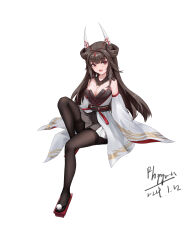 Rule 34 | 1girl, absurdres, azur lane, bare shoulders, black hair, black pantyhose, breasts, cleavage, commentary request, detached sleeves, eyeliner, fang, fhyywen, full body, geta, hatsuzuki (azur lane), highres, horn ornament, horns, japanese clothes, knee up, long hair, makeup, medium breasts, open mouth, pantyhose, pleated skirt, red eyeliner, red eyes, signature, simple background, sitting, skirt, solo, white background, white sleeves, wide sleeves