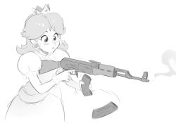 Rule 34 | 1girl, ak-47, assault rifle, commentary, crown, dress, earrings, english commentary, flower earrings, greyscale, gun, hair behind ear, holding, holding gun, holding weapon, jewelry, juliet sleeves, kalashnikov rifle, long sleeves, magazine (weapon), mario (series), mleth, monochrome, nintendo, princess daisy, puffy sleeves, reloading, rifle, smoke, smoking barrel, solo, super mario land, weapon, white background
