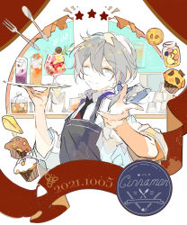 Rule 34 | 1boy, apron, aqua eyes, banner, black necktie, blue apron, blue bow, bow, cocktail glass, commentary, cookie, cup, cupcake, dated, drinking glass, english text, ensemble stars!, ezu (e104mjd), food, fork, glass, grey hair, hair bow, highres, jar, knife, male focus, muffin, necktie, one eye closed, pointing, pointing at viewer, shiina niki, shirt, short ponytail, short sleeves, solo, star (symbol), symbol-only commentary, upper body, white shirt