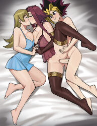 Rule 34 | 1boy, 2girls, barefoot, bisexual female, blonde hair, blue camisole, boy and girl sandwich, breasts, brown gloves, brown thighhighs, camisole, choker, closed eyes, commission, completely nude, donburi (donburikazoku), elbow gloves, ffm threesome, gloves, group sex, highres, in-franchise crossover, izayoi aki, kiss, large breasts, legs, long hair, multicolored hair, multiple girls, nail polish, no shoes, nude, penis, purple eyes, red hair, sandwiched, sex, sidelocks, smirk, spiked hair, spooning, tenjouin asuka, thighhighs, threesome, toenail polish, toenails, uncensored, vaginal, yami yugi, yu-gi-oh!, yu-gi-oh! 5d&#039;s, yu-gi-oh! duel monsters, yu-gi-oh! gx