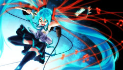 Rule 34 | 1girl, blue eyes, blue hair, hatsune miku, long hair, matching hair/eyes, microphone, musical note, necktie, nekomamire, notes, skirt, solo, spring onion, staff (music), thighhighs, twintails, very long hair, vocaloid
