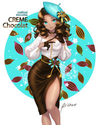 Rule 34 | 1girl, adjusting clothes, adjusting gloves, artist name, bad id, bad pixiv id, bare shoulders, black gloves, blue eyes, breasts, briska, brown hair, brown skirt, buttons, cat, character name, choker, cocoa, collarbone, crown, curly hair, dark-skinned female, dark skin, female focus, flower, food, fruit, gloves, half gloves, hat, large breasts, lipstick, long hair, long sleeves, looking at viewer, makeup, mole, mole under mouth, original, pencil skirt, personification, pulling own clothes, ribbon, rope, shirt, side slit, skirt, smile, solo, white shirt