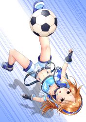 Rule 34 | 1girl, ball, black gloves, blue footwear, blue shirt, blue socks, blue vest, blush, breasts, brown eyes, brown hair, collarbone, commentary request, crop top, dutch angle, fingerless gloves, fingernails, forehead, full body, gloves, headphones, headset, highres, idolmaster, idolmaster cinderella girls, long hair, midriff, navel, open clothes, open mouth, open vest, parted bangs, regular mow, shirt, shoes, short shorts, shorts, small breasts, sneakers, soccer ball, socks, solo, speed lines, vest, white shorts, yuuki haru