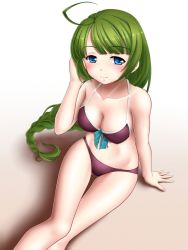 Rule 34 | 10s, 1girl, ahoge, arm support, bikini, blue eyes, blush, braid, breasts, cleavage, green hair, kantai collection, long hair, looking at viewer, mole, mole under mouth, mushoku no hourousha, single braid, sitting, smile, solo, swimsuit, very long hair, yuugumo (kancolle)