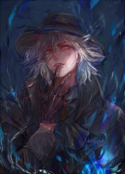 Rule 34 | black gloves, blue fire, character name, collared jacket, collared shirt, edmond dantes (fate), fate/grand order, fate (series), fire, gloves, green headwear, green jacket, hair between eyes, hat, jacket, long sleeves, looking at viewer, male focus, medium hair, parted lips, shirt, snnoa ha, upper body, white hair, white shirt, yellow eyes