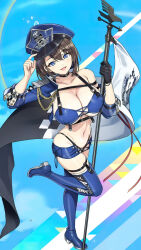 Rule 34 | 1girl, absurdres, azur lane, baltimore (azur lane), baltimore (azur lane) (cosplay), baltimore (finish line flagbearer) (azur lane), black gloves, blue eyes, blue hat, boots, braid, breasts, brown hair, cleavage, cosplay, dolphin wave, eagle union (emblem), flag, from above, full body, gloves, hair between eyes, hat, highres, holding, holding flag, kirahoshi kanna, large breasts, looking at viewer, navel, official alternate costume, peaked cap, rangertycho2077, short hair, side braid, single glove, solo, standing, standing on one leg, stomach, thigh boots