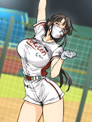 Rule 34 | 1girl, arm up, belt, blurry, blurry background, blush, brown hair, clothes writing, collarbone, gloves, gradient clothes, grey eyes, grey gloves, henriiku (ahemaru), long hair, mask, mouth mask, nippon professional baseball, one eye closed, original, outdoors, solo, touhoku rakuten golden eagles