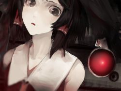Rule 34 | 1girl, black bow, black eyes, black hair, bow, chinese commentary, commentary, cookie (touhou), frilled bow, frills, hair bow, hakurei reimu, highres, large bow, looking at viewer, mochiya (cookie), necktie, on ( l0 ), open mouth, red eyes, red shirt, robot, shirt, short hair, sleeveless, sleeveless shirt, swept bangs, touhou, upper body, yellow necktie