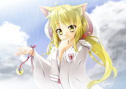 Rule 34 | 1girl, ahoge, animal ear fluff, animal ears, blonde hair, cloud, cloudy sky, commentary request, crescent, crescent pin, fox ears, hair between eyes, hand to own mouth, hoshi nohara, japanese clothes, kantai collection, kimono, low twintails, outstretched arm, rain, satsuki (kancolle), sky, solo, twintails, uchikake, yellow eyes