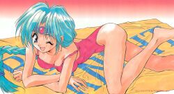 Rule 34 | 1990s (style), 1girl, ass, blush, breasts, circlet, cleavage, green eyes, green hair, haou taikei ryuu knight, highres, large breasts, leotard, long hair, looking at viewer, one-piece swimsuit, one eye closed, open mouth, paffy pafuricia, retro artstyle, smile, solo, swimsuit, towel