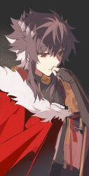 Rule 34 | 1boy, absurdres, black hair, cape, charlemagne (fate), charlemagne (third ascension) (fate), closed mouth, fate/grand order, fate (series), fingerless gloves, fur-trimmed cape, fur trim, gloves, grey background, hand to own mouth, highres, idass (idass16), light, looking down, male focus, multicolored hair, red cape, red eyes, short hair, sidelocks, simple background, solo, streaked hair, thinking, two-tone hair, upper body, white hair