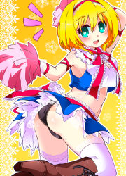 Rule 34 | 1girl, adapted costume, alice margatroid, ass, black thighhighs, blonde hair, boots, breasts, cheerleader, cleavage, cross-laced footwear, gin (shioyude), green eyes, hairband, heart, heart-shaped pupils, high heel boots, high heels, knee boots, lace, lace-trimmed legwear, lace-trimmed panties, lace-up boots, lace trim, looking at viewer, midriff, navel, panties, pantyshot, pom pom (cheerleading), skirt, smile, solo, symbol-shaped pupils, thighhighs, touhou, underwear, upskirt