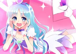Rule 34 | 10s, 1girl, :d, bad id, bad pixiv id, blue eyes, blue hair, bow, brooch, choker, cure marine, cure slam, cure slum, hair ornament, hairpin, hands on own cheeks, hands on own face, heart, heart brooch, heartcatch precure!, highres, jewelry, kurumi erika, long hair, lying, magical girl, matching hair/eyes, open mouth, pink background, precure, ribbon, shoes, skirt, smile, solo, thighhighs, white thighhighs, wrist cuffs