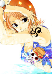 Rule 34 | 1girl, absurdres, blue eyes, breasts, cleavage, front-tie top, highres, nami (one piece), one piece, orange hair, sagatsune, short hair, skull, smile, solo, tattoo, watch, water, wet, wristwatch