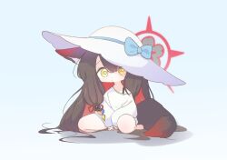 Rule 34 | &gt; &lt;, 1girl, :3, animal ears, blue archive, chibi, chibi inset, chibi only, dress, hat, long hair, long sleeves, red eyes, smsm516, solo, wakamo (blue archive), wakamo (swimsuit) (blue archive), white hat