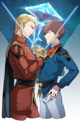 Rule 34 | 2boys, absurdres, amuro ray, aqua eyes, belt, black belt, black cape, blonde hair, blue cape, blue eyes, blue jacket, brown hair, cape, char&#039;s counterattack, char aznable, closed mouth, cropped legs, gundam, hair slicked back, hand on own hip, high collar, highres, holding, holding sword, holding weapon, jacket, long sleeves, looking at another, male focus, military uniform, multiple boys, oh syz, pants, rapier, red pants, shirt, short hair, shoulder boards, smile, space, star (sky), sword, turtleneck, two-sided cape, two-sided fabric, uniform, weapon, white pants, white shirt