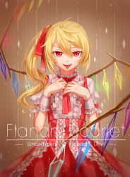Rule 34 | 1girl, adapted costume, blonde hair, character name, fangs, flandre scarlet, hair between eyes, hair ribbon, highres, looking at viewer, open mouth, puffy short sleeves, puffy sleeves, red eyes, red ribbon, red skirt, ribbon, short sleeves, side ponytail, skirt, skirt set, smile, solo, tongue, tongue out, touhou, wings, wrist cuffs, ze xia